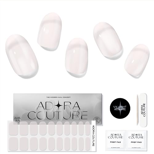 Adora Couture Semi Cured Gel Nail Strips with 20 Pieces, Salon Quality Nail Wraps for Women, Translucent Milky UV Gel Nail Stickers, UV Light Required, Milky Bath