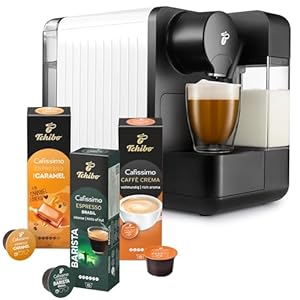 Tchibo Cafissimo „milk“ Kaffeemaschine Kapselmaschine inkl. 30 Kapseln für Caffè Crema, Espresso, Kaffee und Milchspezialitäten, Kapselmaschine mit Milchaufschäumer, Weiß