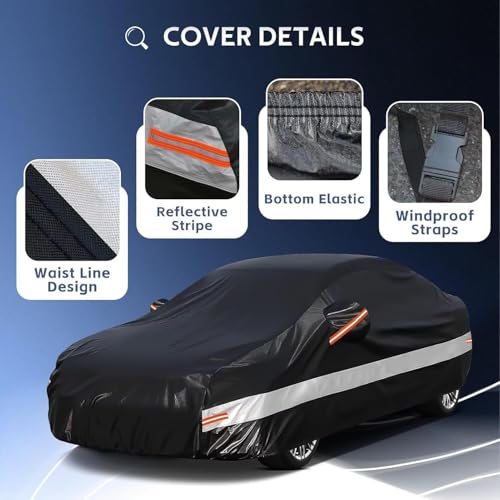 Image of 10 Layers Car Cover Custom Fit for Cadillac (DTS 2006-2012), Waterproof All Weather for Automobiles, Outdoor Full Cover Sun Dust Rain Protection with Cotton. Black