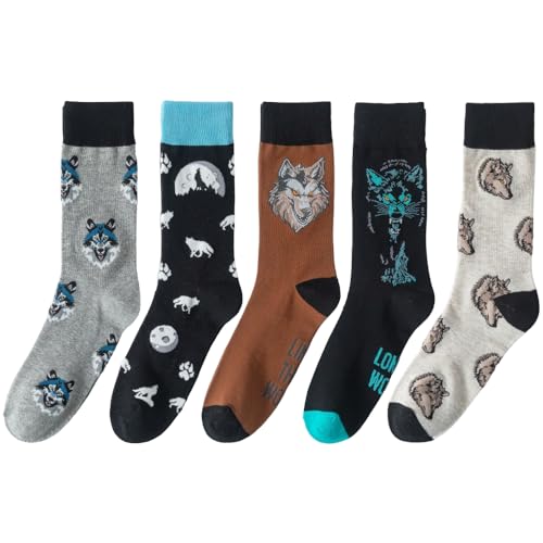 Image of 5 Pairs Cute Animal Crew Socks Fun Casual Cotton Calf Socks for Women (US, Alpha, One Size, Regular, Regular, Wolf)
