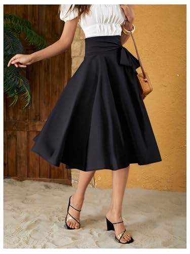 Women's Bow Tie Midi Skirt High Waisted Flared A Line Flowy Elegant Skirts3