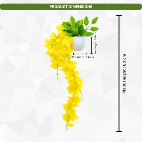 Image of fancymart Artificial Flower Yellow Wisteria Hanging Plant with White Pot, 60 cm Height, Pack of 2, Realistic Floral Vine for Home, Office, Living Room & Wall Decor