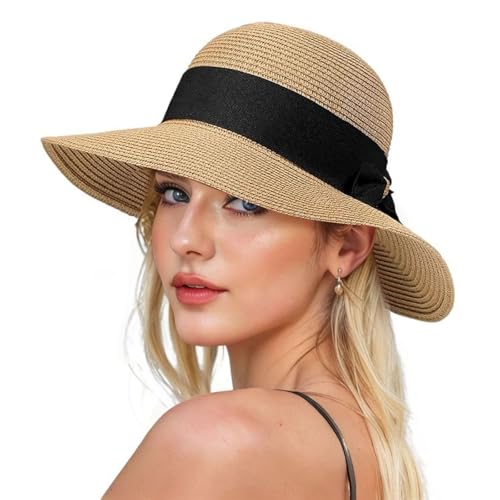 BelleVive Strandhüte für Damen, Sonnenstrohhut für Damen, LSF 50+ UV-Sonnenschutz-Sonnenhut für Damen, Faltbarer Schlapphut, Schlapphut für Damen, Hut mit breiter Krempe