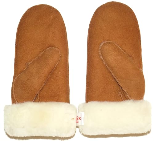 SUPER s6x Lammfell Handschuhe Fäustlinge, Fausthandschuhe Merino Lammfell, (M) Cognac - braun - olive, Damen - Größenbeschreibung siehe Produktbeschreibung