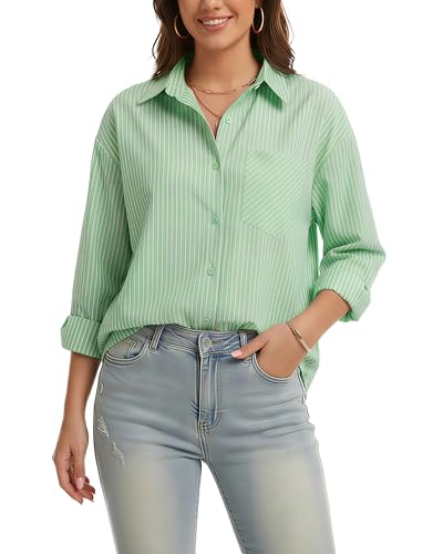 Fyralis Women's Striped Button Down Shirt, Long Sleeve Collared Office Work Blouse with Pocket, Cotton, Casual (US, Alpha, Medium, Regular, Regular, Green)