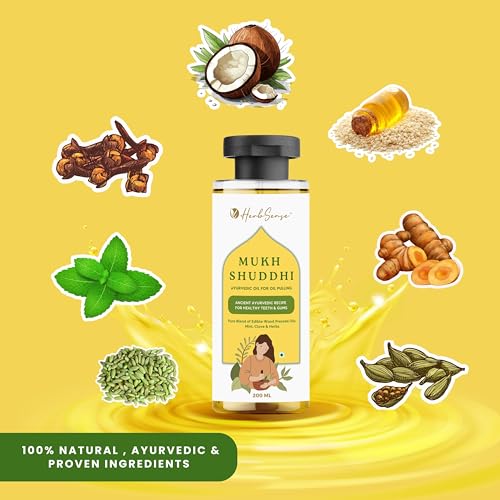 Image of HerbSense Mukh Shuddhi Ayurvedic Oil Pulling 200 ml | Daily Oral Detox Ritual | Natural Mouth Wash for Healthy Teeth & Gums | Coconut, Clove & Mint Infused