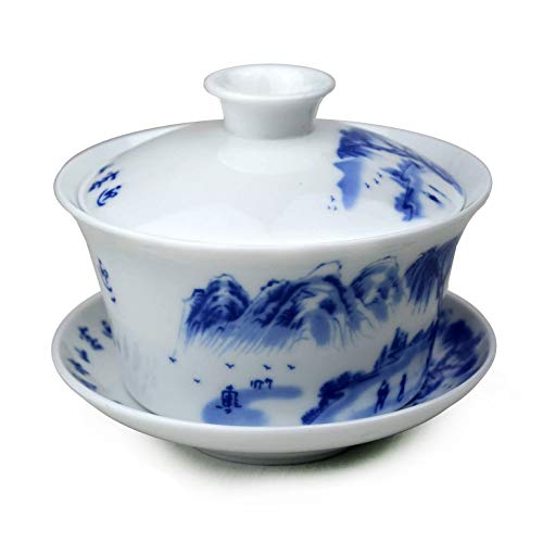 Porcelain Gaiwan 9Oz Teacup White Glazed Tureen Chinese Sancai Cover Bowl Lip Cup Saucer Set Kits (Landscape) #TOP21