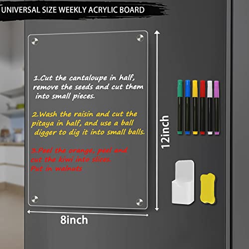 Clear Acrylic Dry Erase Board For Fridge, 12”×8” Magnetic Weekly Meal Planner, Kitchen Menu Planner Board For Refrigerator Includes 6 Colors Markers, Pen Container And Erase #TOP1