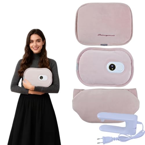 WRQIOO Elektrische Wärmflasche, Wiederaufladbar & Kabellos, 4-Teiliges Set mit Wärmflaschengürtel & Flanellbezug, bis 70°C, Digitale...