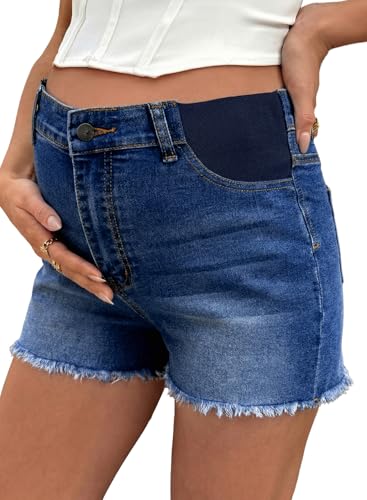 BLENCOT Maternity Jeans Shorts for Women Mid Waisted Frayed Hem Stretchy Denim Shorts Comfy Pregnancy Summer Clothes Fashion 2026 Ashleigh Blue Large