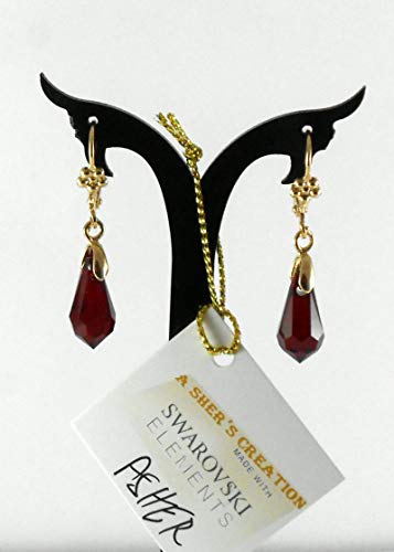 Minimalist Delicate Gold Earrings Swarovski Crystal Pure 14K Plated Dangle Drop Jewelry, Thickness (1 Micron) Hoop Flower Leverback For Women Valentine Mother Day Bridal Girl Business Gift Siam Red #TOP3