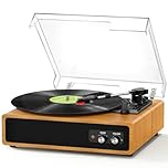 FYDEE Record Player, Dual-Way Bluetooth Vinyl Player Driven by Belt 3 Speed, Vinyl Record Player with Built-In 2 Stereo Speakers, Portable Retro Turntable Supports RCA Output, AUX Input - Light Wood