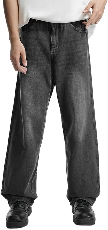 LOGEQI Mens Baggy Hip Hop Jeans Wide Leg Streetwear Jeans Loose Fit Y2K Skater Denim Pants