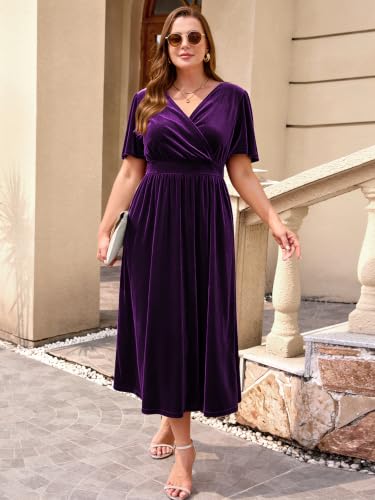 Image of BELAROI Plus Size Velvet Dresses Cocktail Party Fall Midi Dress with Pockets Wrap V Neck Empire Waist Short Sleeve L-4XL