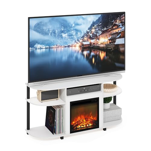 Image of Furinno Jensen Fireplace TV Stand, Curved Entertainment Center, TV Console for TV up to 55 Inch with Fireplace and Open Storage, for Living Room, Bedroom, Solid White