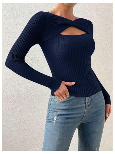 SHENHE Women's Ribbed Sweater Pullover Sexy Cut Out Twist Keyhole Knit Fitted Sweater Top2