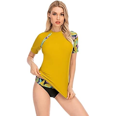 Ladies Rash Vest Women Short Sleeve Quick Dry Surf Swim Swimming Rash Tops Tshirt Rashguard Shirts (Yellow,L) Cover