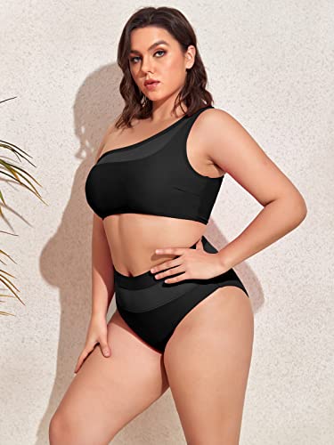 Two Piece One Shoulder Swimsuit For Women Plus Size High Waisted Bikini Set Tummy Control Mesh Bathing Suit Tankini Swimwear Black #TOP4