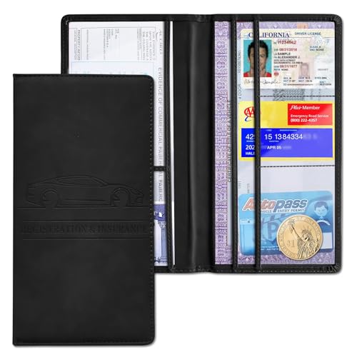 Surosha Car Registration and Insurance Holder, PU Car Glove Box Organizer, Travel Documents Folder, Universal Car Storage Pocket Accessories for Documents, Cards, License, Passport,Case (Black)