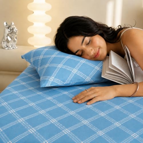 Image of RD TREND Cloud Cotton Double Bed Bedsheet-90x100 Inches with 2 Matching Pillow Covers (18x28Inch | Queen Size Bed Sheet 210 TC Soft & Breathable | (Lines-Blue)