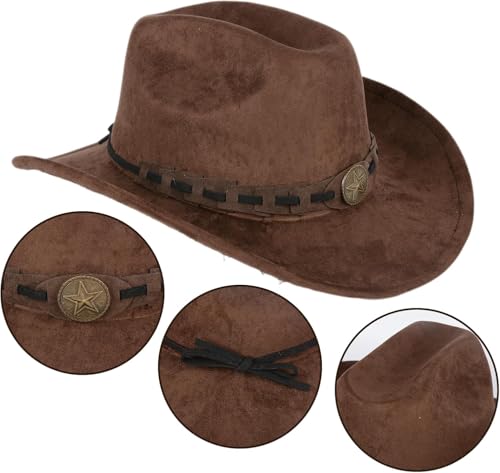 Wide Brim Cowboy Hat for Men Women, Faux Suede Western Leather Cowboy Cowgirl Hat Stylish Adjustable Fedora Outdoor Hat Brown Perfect for Cowboy Outfit Outdoor Activities Brown