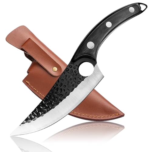 Image of 8 Inch Boning Knife Hand Forged Full Tang Chef Knife Razor Sharp Butcher Knife with Leather Sheath for Meat BBQ Camping Outdoor Viking Style Kitchen Knife