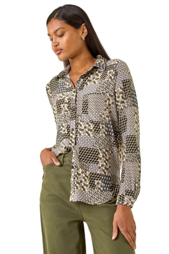 Image of Roman Shirt for Women Ladies Cotton Blouse Button Through Tunic Printed Top Work Long Sleeve Smart Casual Going Out Work Office V Neck Everyday Evening Event - Grey Patchwork - Size 16