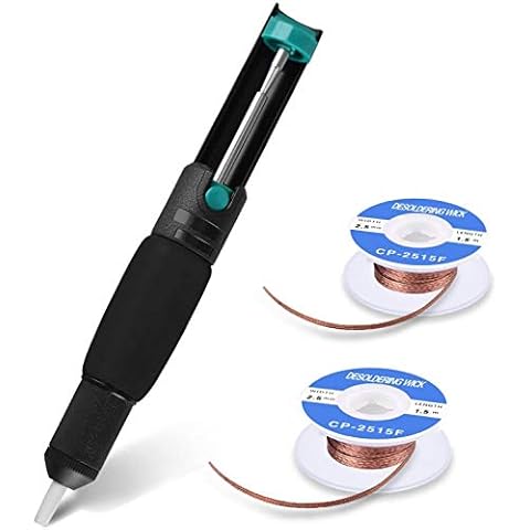 Tabiger Desoldering Pump Solder Wick, Solder Remover Tool 3-in-1 Kit Included 1pc Solder Sucker Pump and 2pcs Desoldering Wick Solder Braid Wire (2.5mm Width, 1.5m Length) Cover