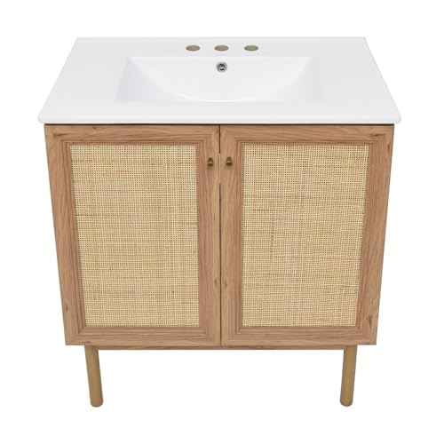 Image of Swiss Madison Classe 30 in. Brown Oak Bathroom Vanity with White, 3-Hole Ceramic Sink Top