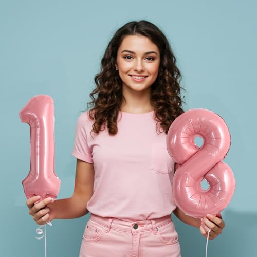 Image of TONIFUL 16 Inch 10 Pcs Light Pink 0-9 Birthday Number Balloons | Small Custom Digital Mylar Foil Ballons for Girl's Birthday Engagement Graduation Anniversary Baby Shower Party Decorations