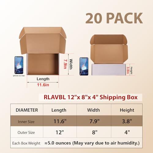 Image of RLAVBL 12x8x4 Inches Shipping Boxes Set of 20, White Small Corrugated Cardboard Box, Mailer Boxes for Packing Small Business