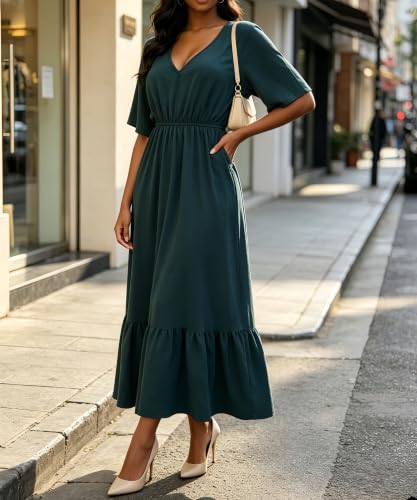 Image of Women's Summer Short Sleeve Maxi Floral Flowy Dresses with Pockets