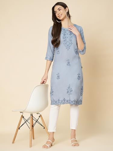 Image of Women's Chikankari-Lucknowi Embroidered Work | Knee Length | Round Neck | Cotton Fabric | Straight Kurta