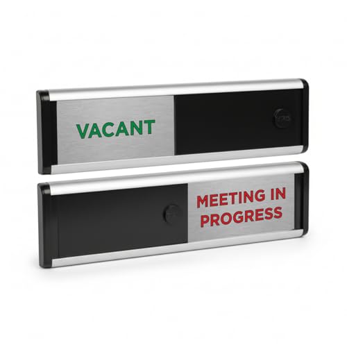 ViroDisplay® Vacant/Meeting in Progress Sliding Door Sign – Original Edition – 214 x 60mm – Anodised Silver Profile with Black End Caps – Self-Adhesive Fixing