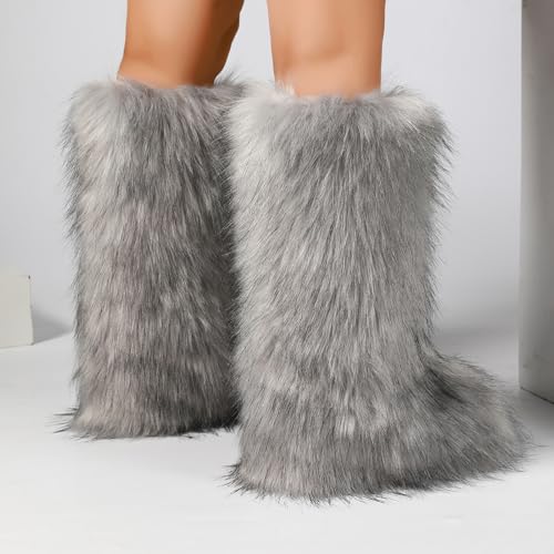 Women's Knee-High Faux Fur Boots - Furry Fluffy Warm Winter Snow Boots with Comfortable Round Toe for Cozy Outdoor and Indoor Use3