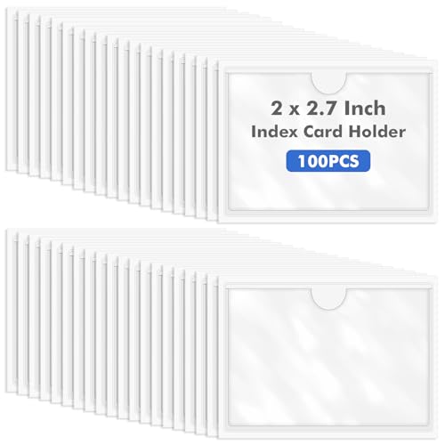 Circloophs 100 Packs Self Adhesive Index Card Pockets with Index Card, 1.9”x 2.7” Adhesive Label Holders – Plastic Clear Adhesive Label Pockets for Storage Bins, Locker, Shelves, Library, Office