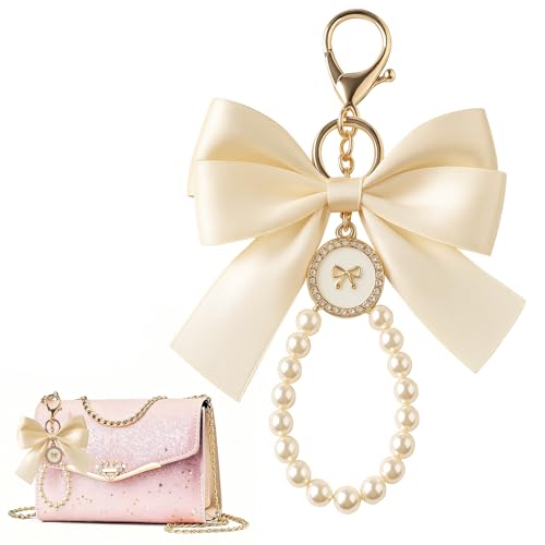 LUSTRIB White Pearl Bow Keychain, Cute Bow Keychain, Coquette Gold Buckle wtih Beige Bow and White Pearls, Pearl Bows Bag Charm for Women Car Keys Bag Handbag Purse