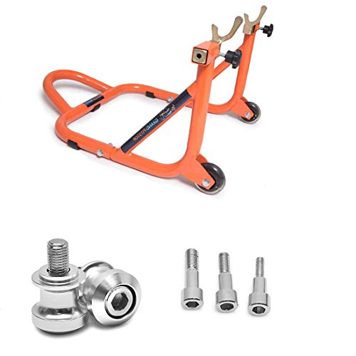 Image of Grand Pitstop Dismantle Rear Paddock Stand Orange with CNC Swingarm Slider Spools Paddock Stand Bobbins Swing Arm M8