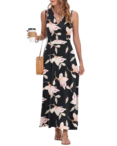 Image of AUSELILY Womens Maxi Dress Summer Sleeveless Wrap Long Dresses with Pockets | V-Neck Wrap Sleeveless Sundress, fits formal, casual, beach, vacation & daily wear
