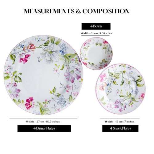 Image of GOLDEN QUEEN'S Handcrafted 12 Pieces Dinner Set | 4 Dinner Plates, 4 Small Bowls & 4 Snack Plates | Perfect for Hosting Guests and Daily Meals - Garden Splendor