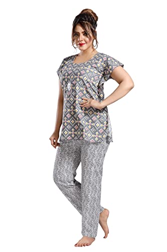Image of Fabme Women's Cotton Printed Kaftan and Pyjama Set - Grey