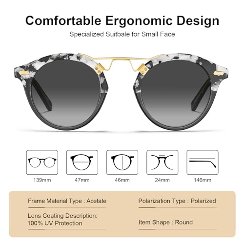 Image of CARFIA Small Face Acetate Polarized Sunglasses for Women UV Protection, Retro Double Bridge Eyewears Metal Brow Round Sunnies