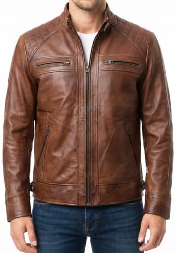 Men's Black Genuine Lambskin Leather Biker Jacket VINTAGE REAL