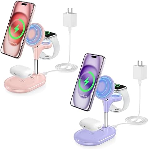 Hevanto 3 in 1 Mag-Safe Charger Stand for iPhone 15 14 13 12, AirPods and Apple Watch - 2 Pack (Pale Pink and Purple) Cover