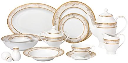 Lorren Home Trends 57 Piece 'Chloe' Bone China Dinnerware Set (Service for 8 People), Gold