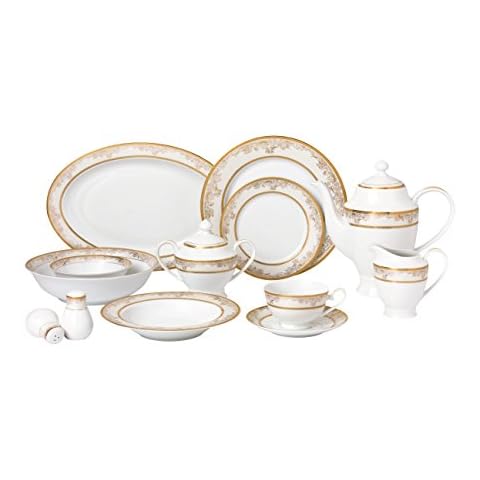 Lorren Home Trends 57 Piece 'Chloe' Bone China Dinnerware Set (Service for 8 People), Gold Cover