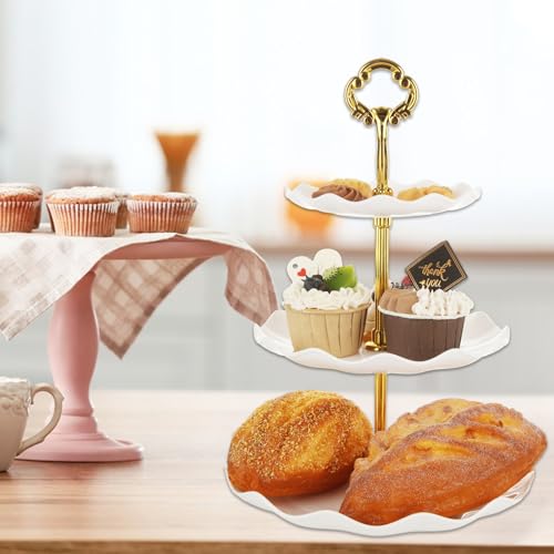 AKOLAFE 6 Pack 3 Tier Cake Stand White Cake Stand Plastic Afternoon Tea Stands Cup Cake Fruit Dessert Stand Display Cupcake Stand for Wedding, Birthday, Party - Image 4