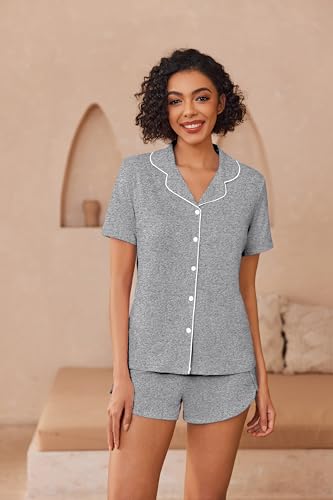 Image of Ekouaer Pajamas for Women Set Button Up Sleepwear 2 Piece Pjs Lounge Set Short Sleeve Nightwear