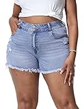 ALLEGRACE Sexy Plus Size Denim Shorts Women Distressed High Waist Shorts with Pockets Light White Blue 16W