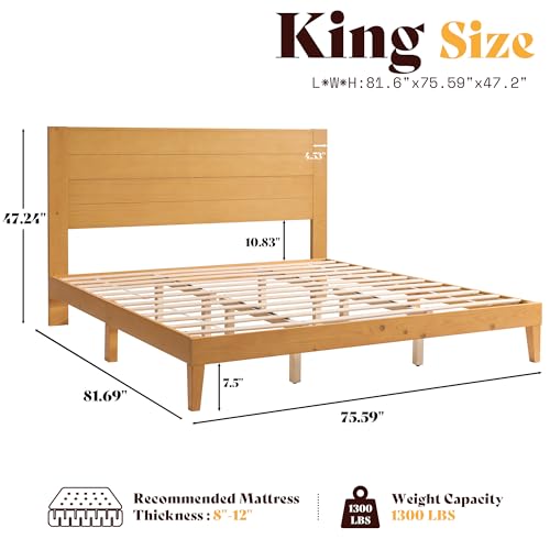 Image of AMERLIFE King Size Bed Frame with 48 inch Tall Headboard, Mid Century Modern Solid Wood Platform Bed with Silent Wood Slat System, No Box Spring Needed, Under-Bed Storage, Natural